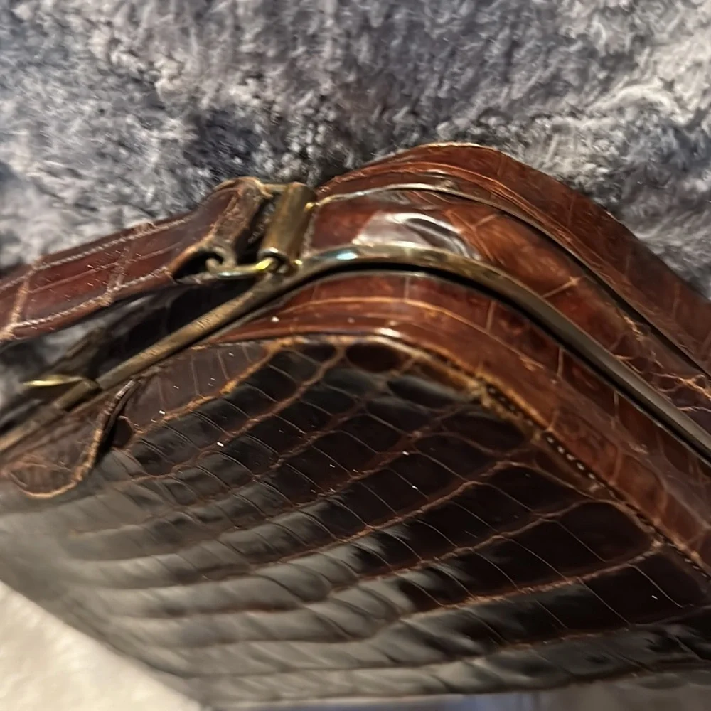 Very Authentic Crocodile Satchel Purse with Antique Gold Color Clasp & Hardware